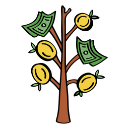 Árvore do dinheiro com notas e moedas