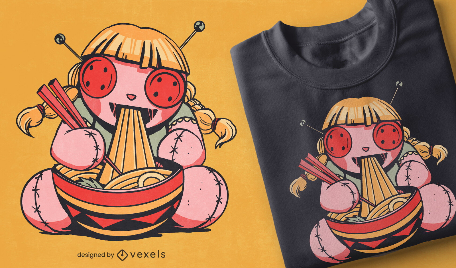 Muñeco vudú comiendo espaguetis diseño de camiseta.