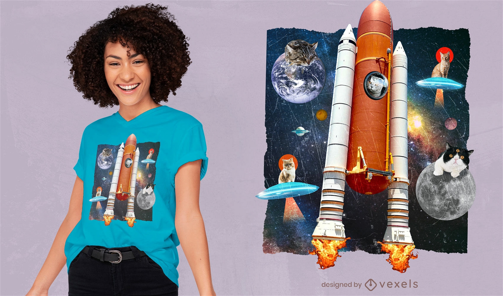 Katzen im Weltraum lustige Collage T-Shirt PSD