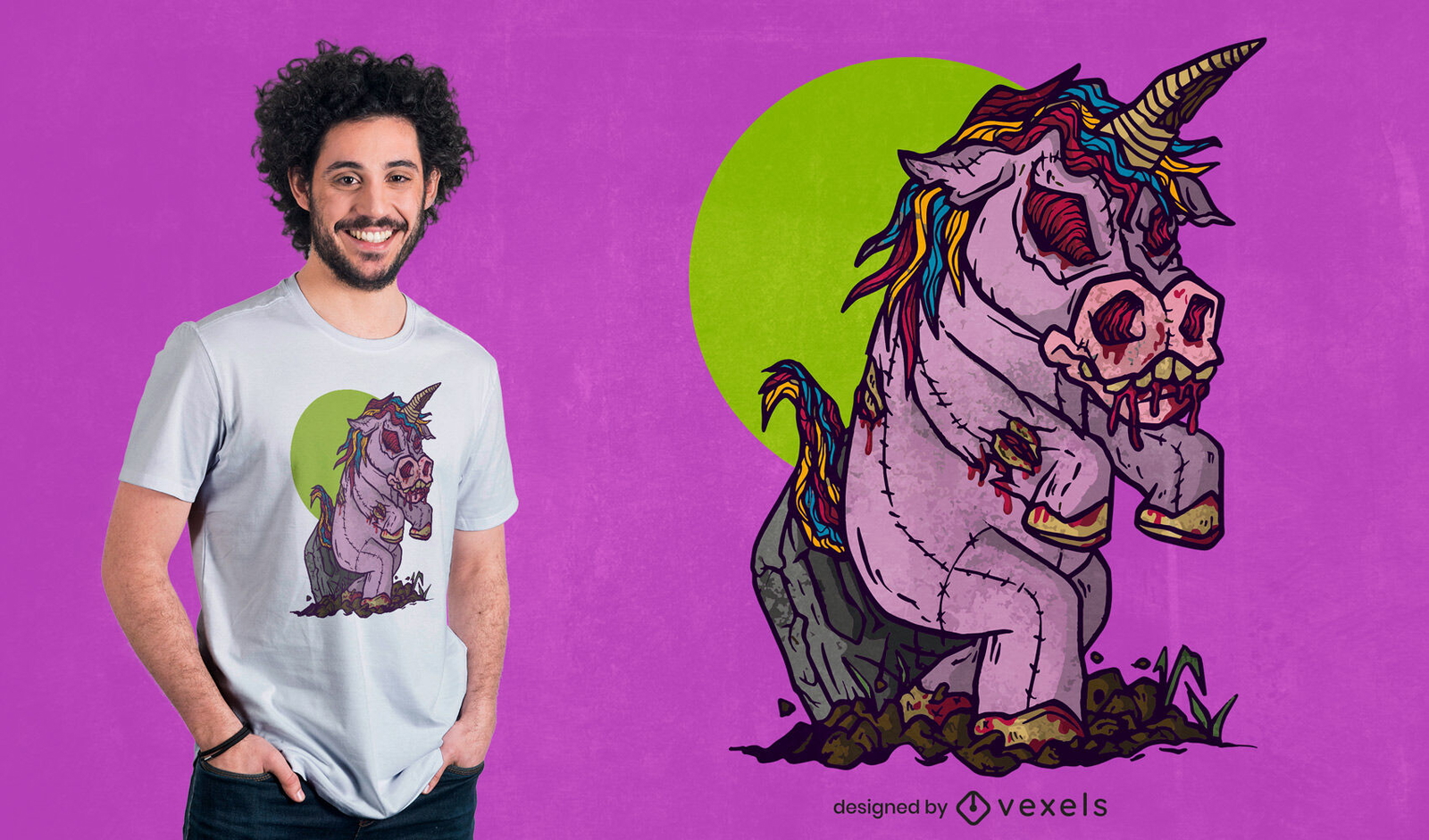 Diseño de camiseta de muñeca de juguete unicornio zombie.