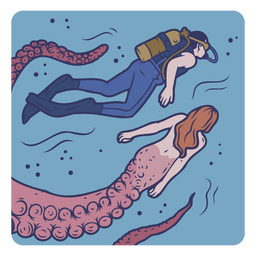 Mergulhador nadando com sereia de tentáculos Desenho PNG