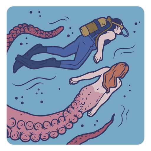 Scuba diver swimming with tentacle mermaid
