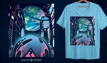 Diseño de camiseta de neón de ciudad futurista.