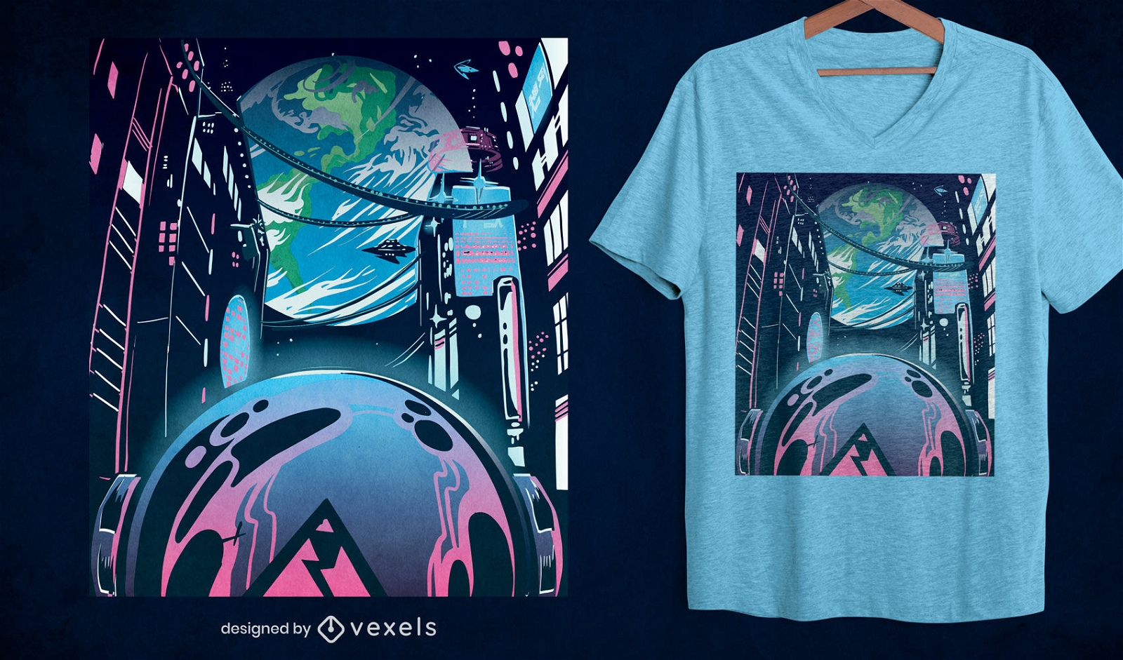 Futuristic city neon t-shirt design 