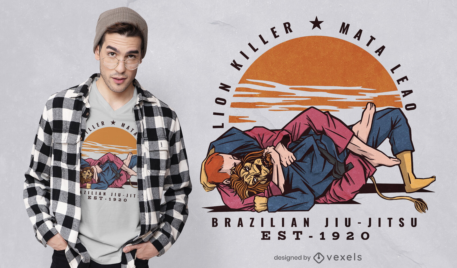 Diseño de camiseta de jiu jitsu brasileño de hombre y león