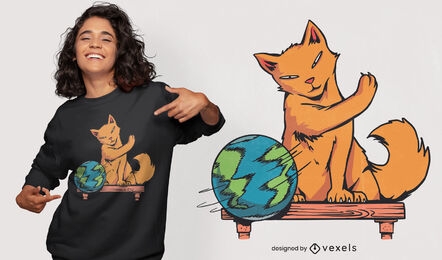 Animal gato jugando con diseño de camiseta de planeta.