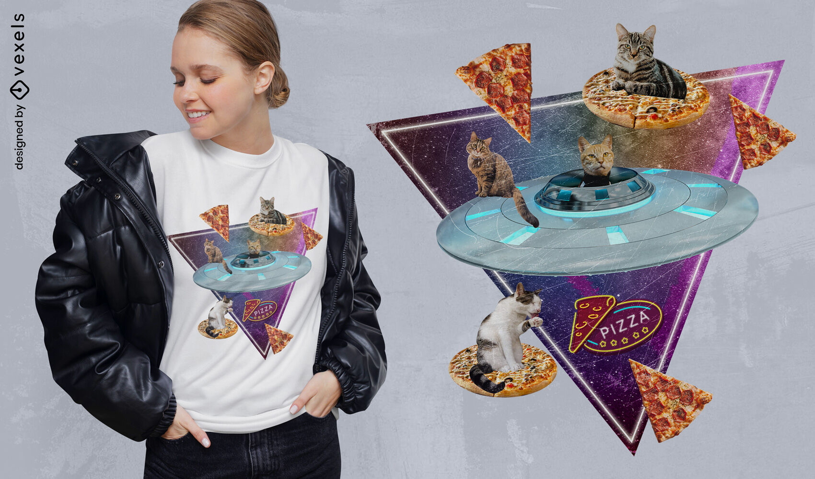 Camiseta con collage fotográfico de gato pizza coche psd