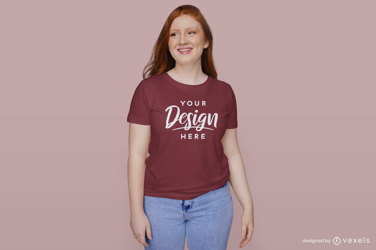Red t-shirt girl mockup in pink background