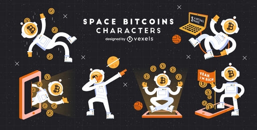 Space cryptocurrency cartoon characters set