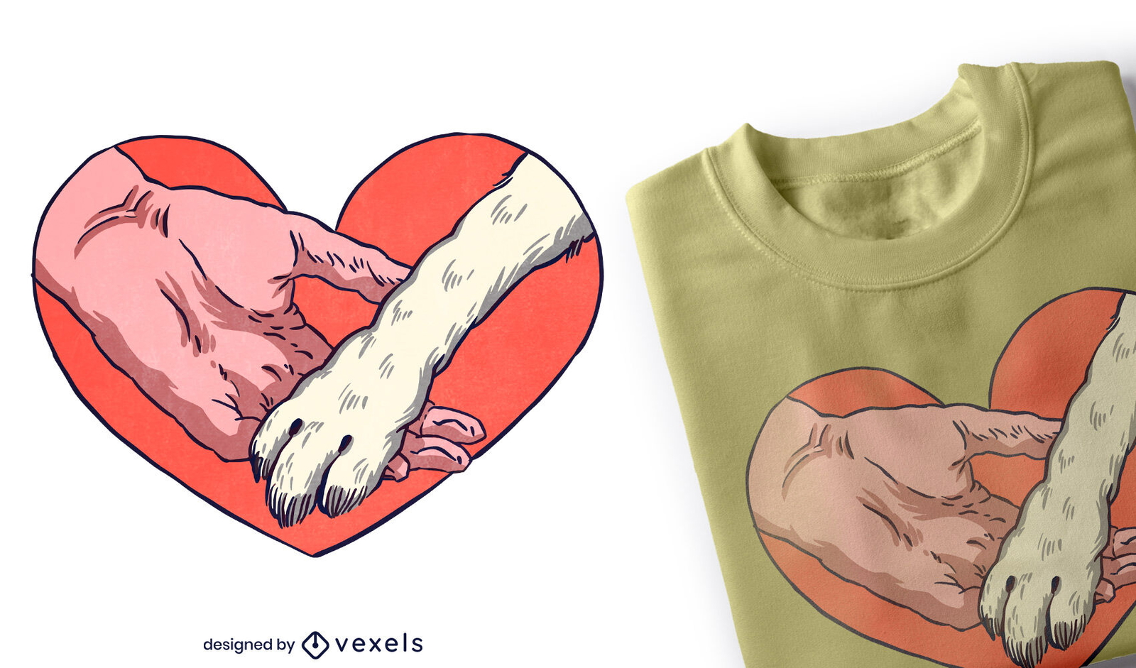 Pata de animal y mano humana en diseño de camiseta de corazón.