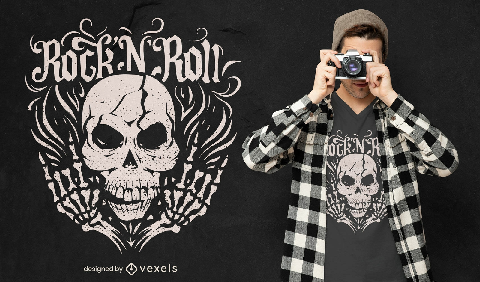 Diseño de camiseta rock and roll skull