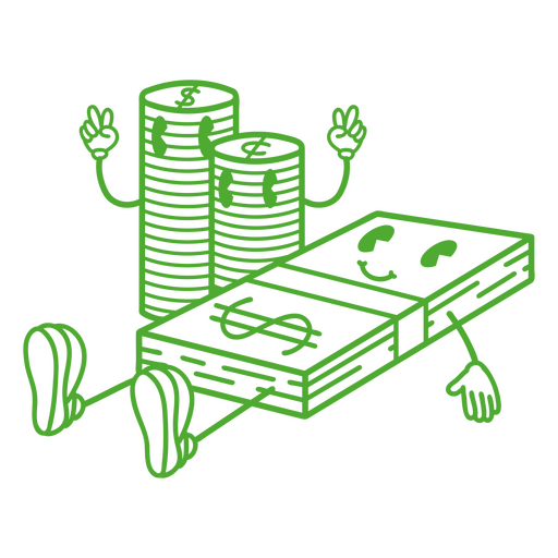 Bills and coins retro cartoon stroke PNG Design