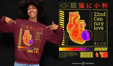 Plantilla de camiseta psd futurista corazón vaporwave