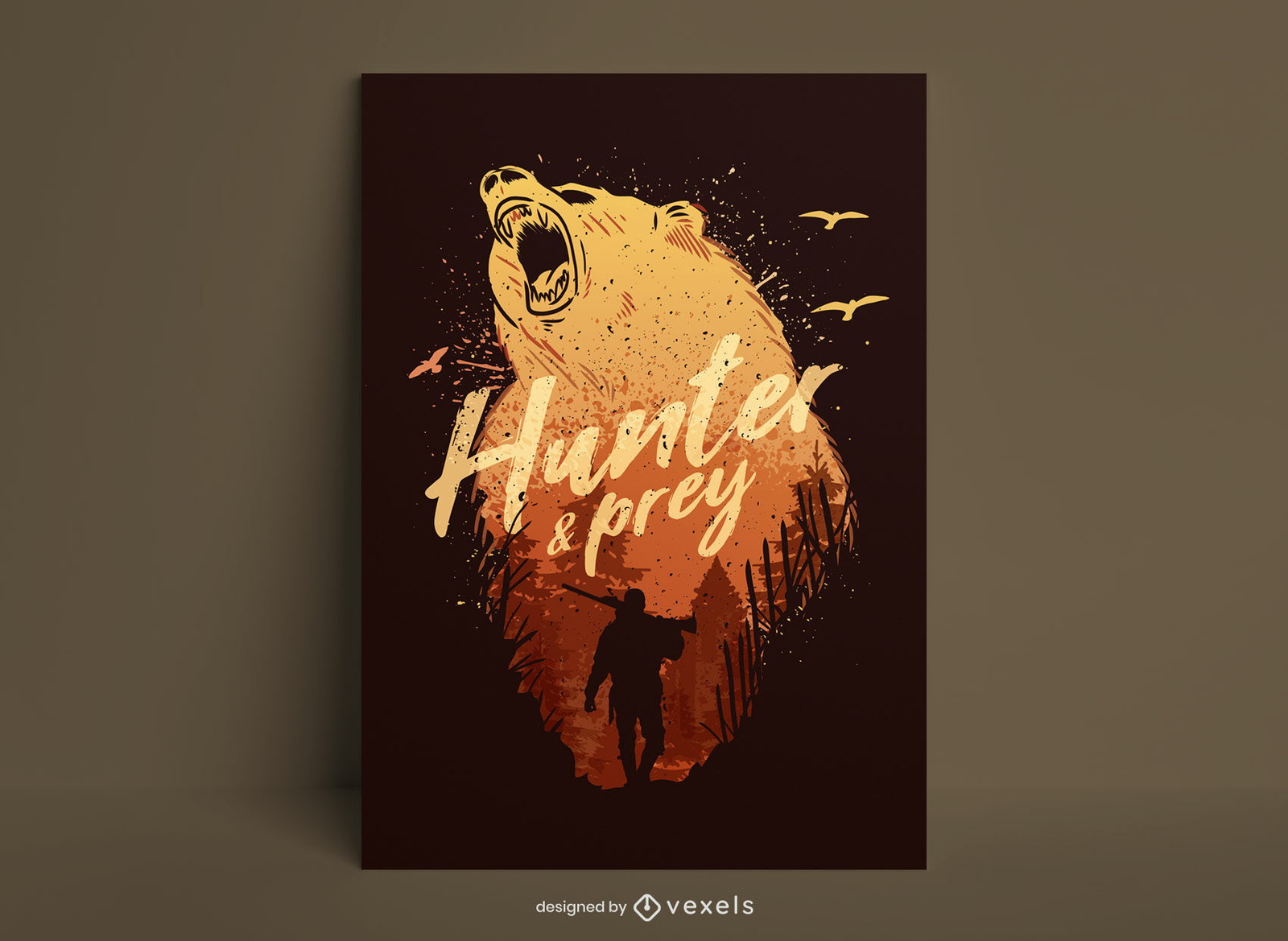 Diseño de cartel de grunge de oso animal hunter