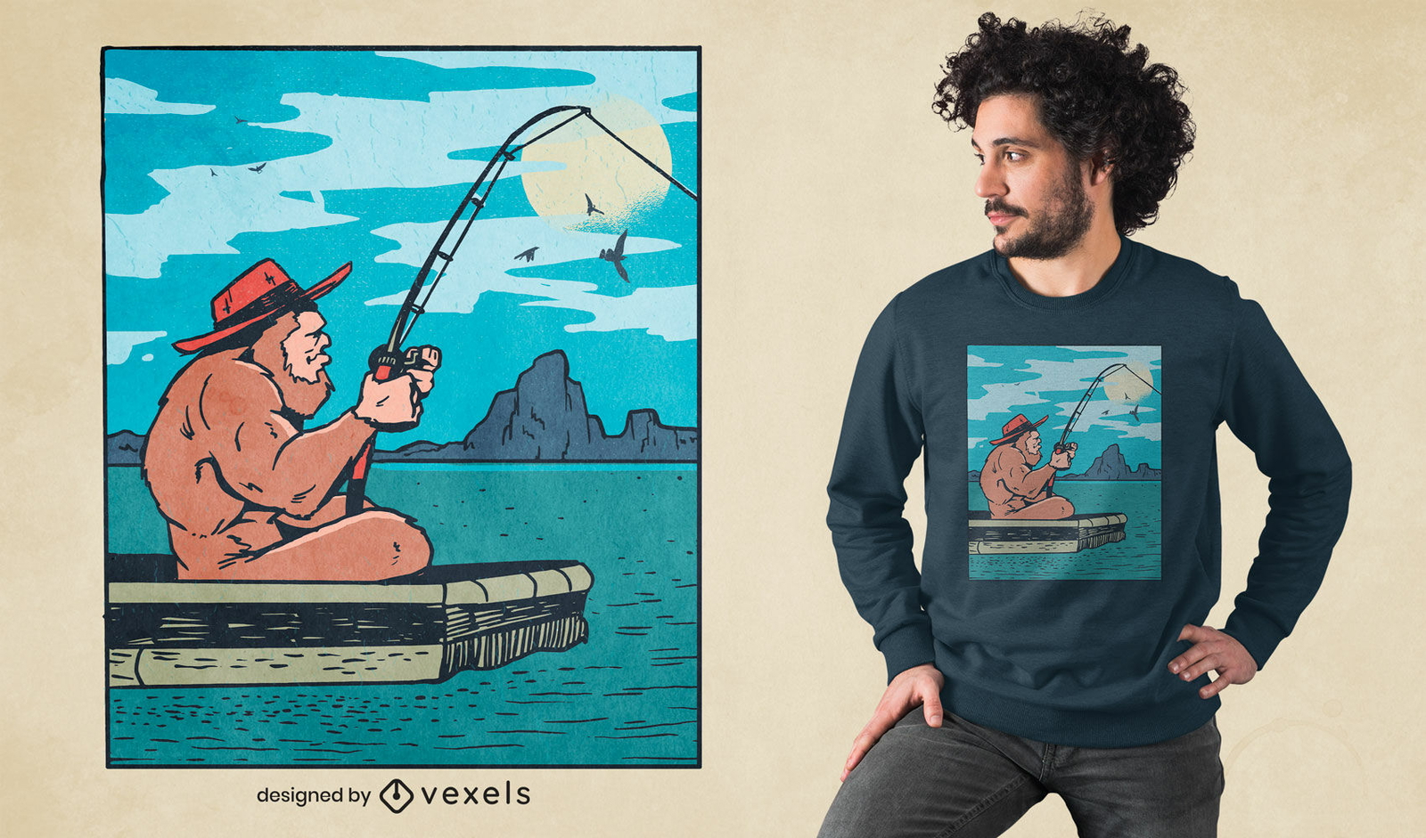 Design de camiseta com ilustração de pesca do Pé Grande