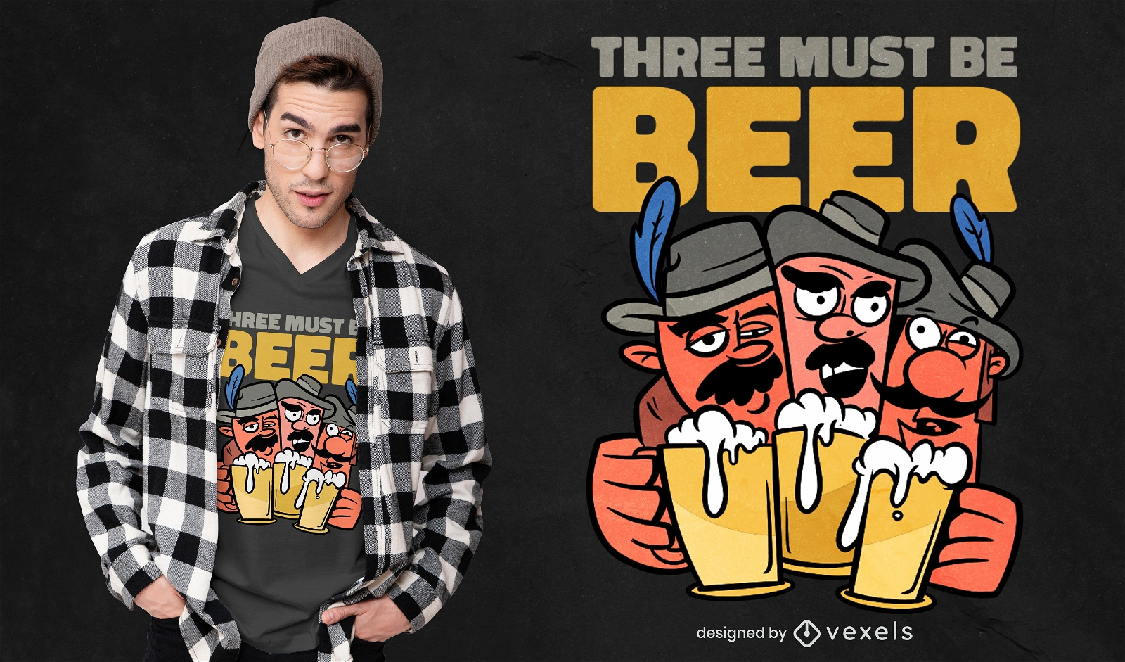Design de camiseta para cerveja com três mosqueteiros