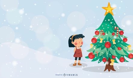 Ilustración de vector de niña de árbol de Navidad