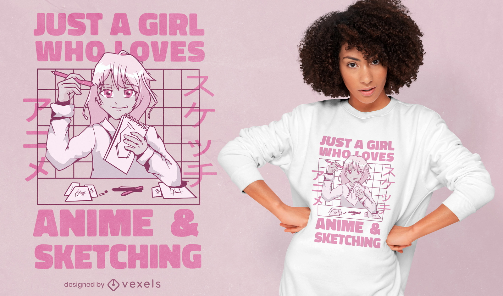 Garota anime esboçando citação de design de camiseta