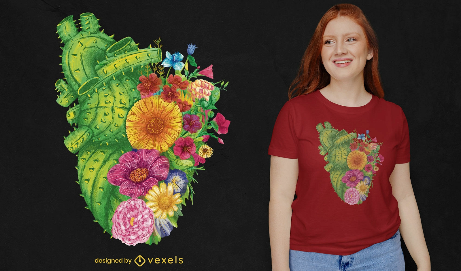 Camiseta de cacto e flores em forma de coração psd