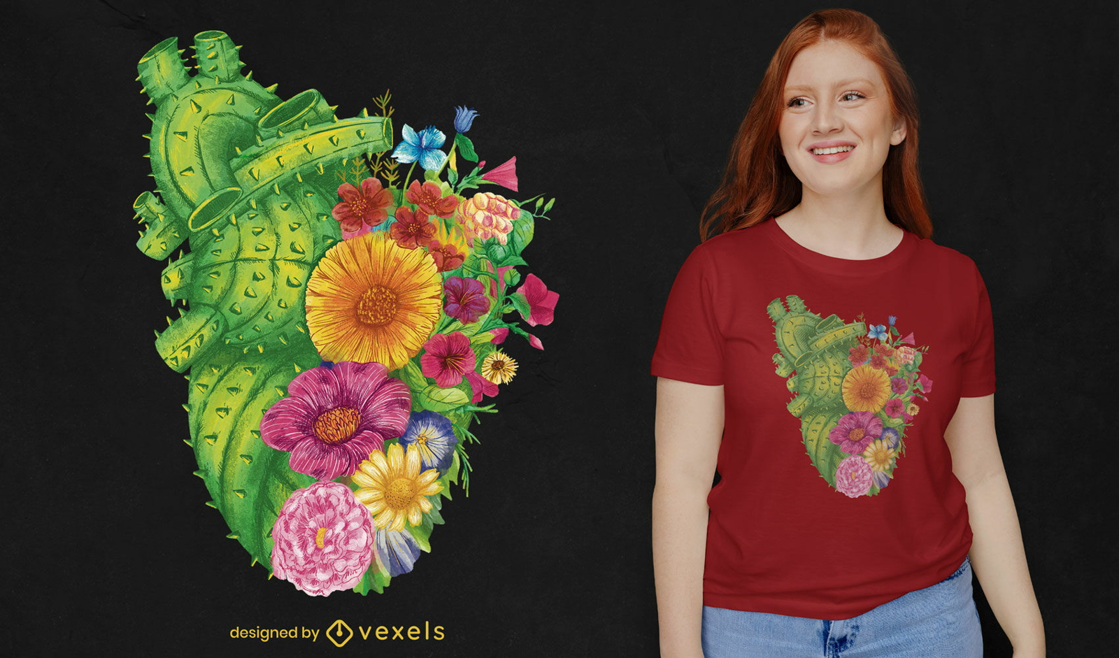 T-Shirt mit Kaktus und Blumen in Herzform psd