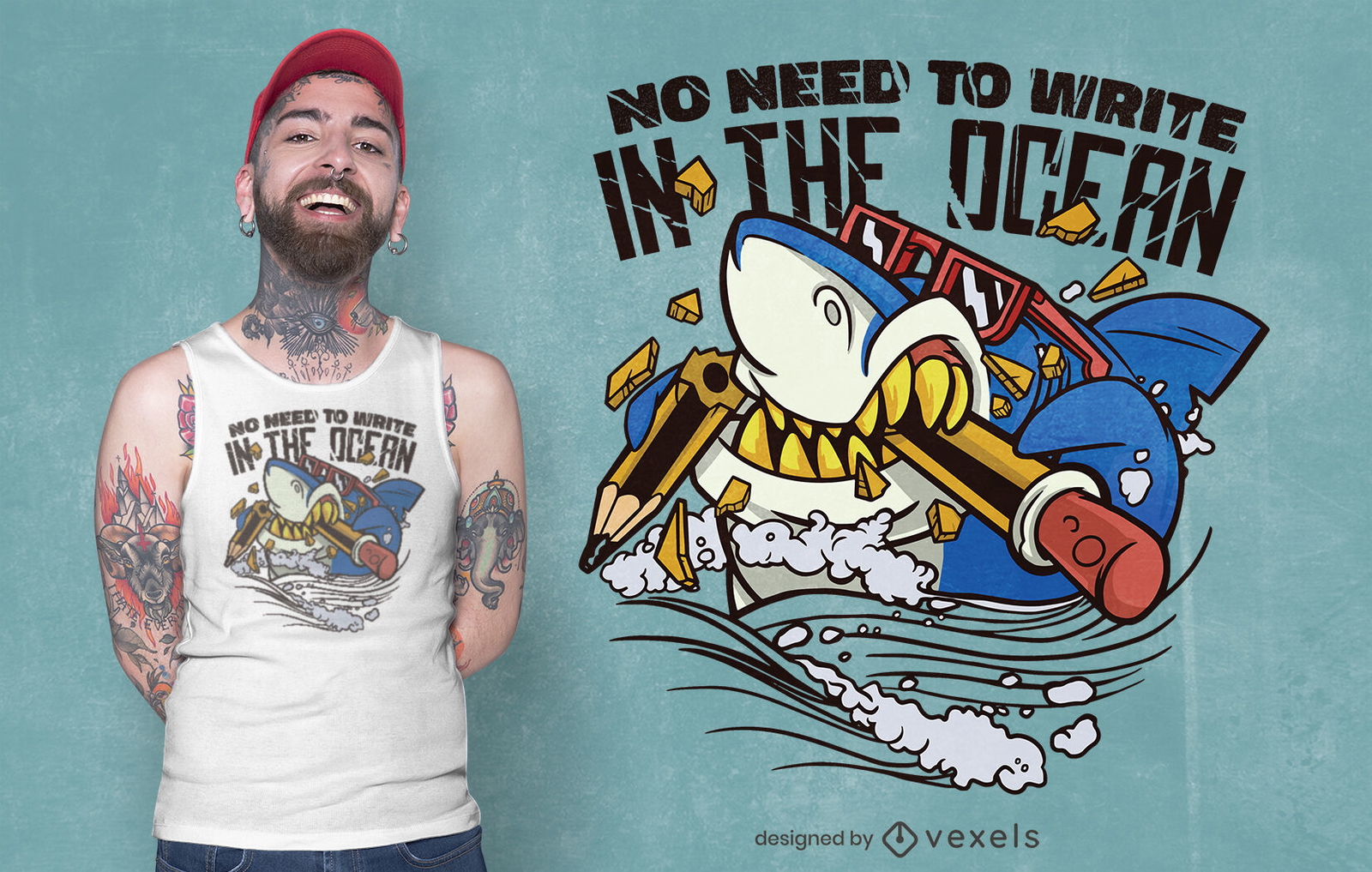 Shark eating pencil cartoon t-shirt design