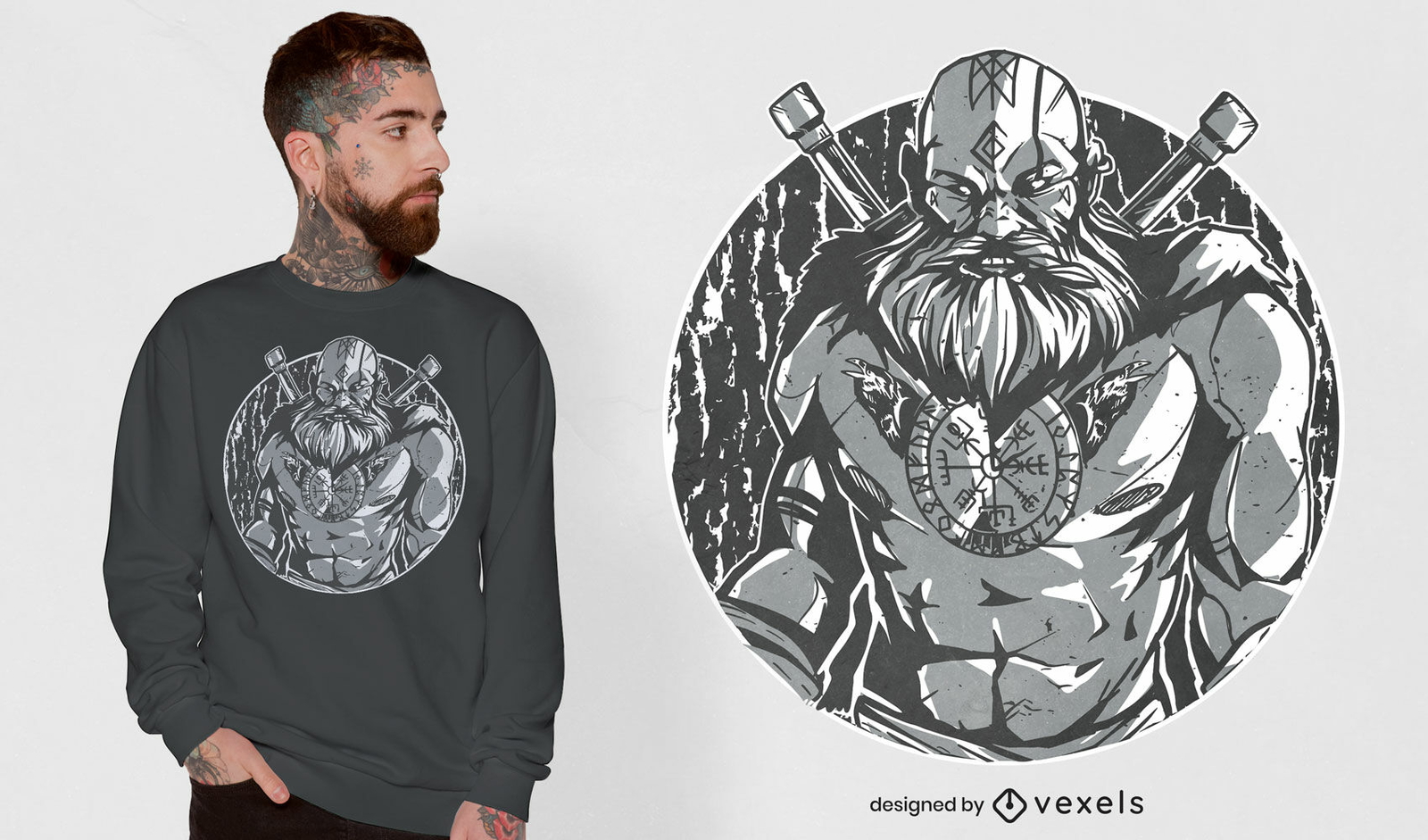 Design de t-shirt de guerreiro viking monocromático