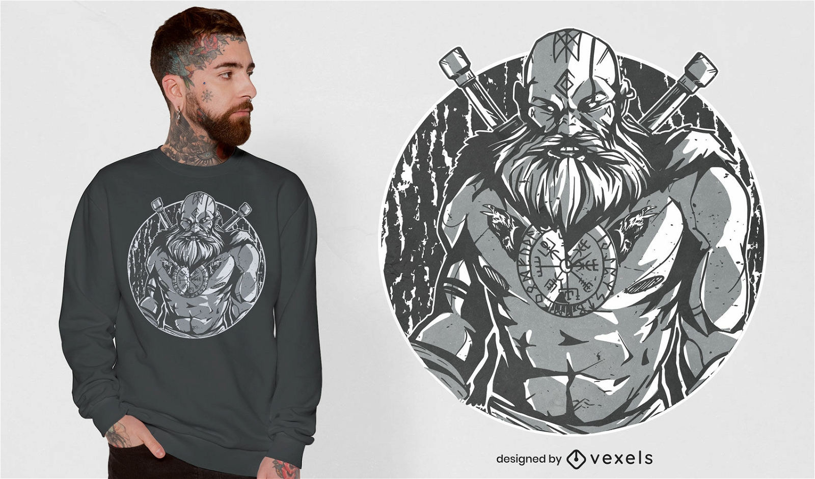 Dise?o monocrom?tico de camiseta de guerrero vikingo.