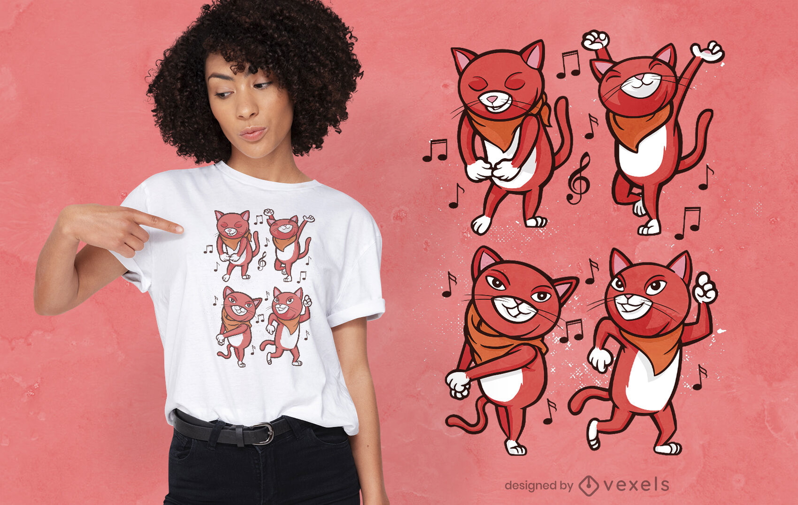 Diseño de camiseta de gatos bailando.