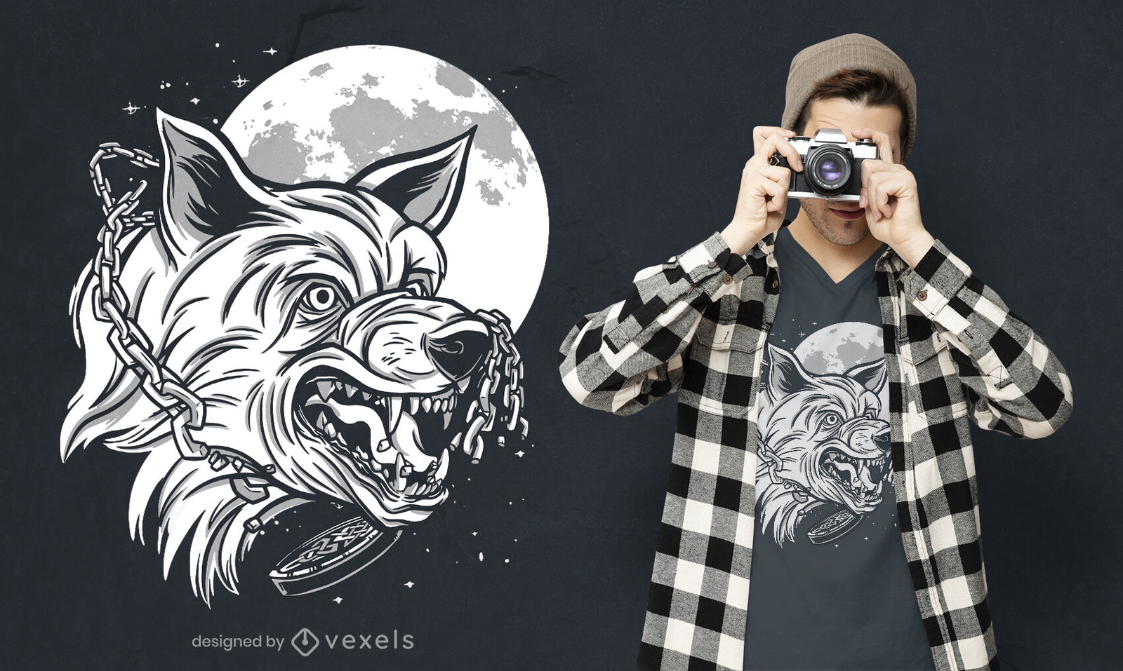 Design de camiseta monocromática de lobo bravo