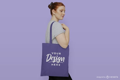 Woman in solid background tote bag mockup