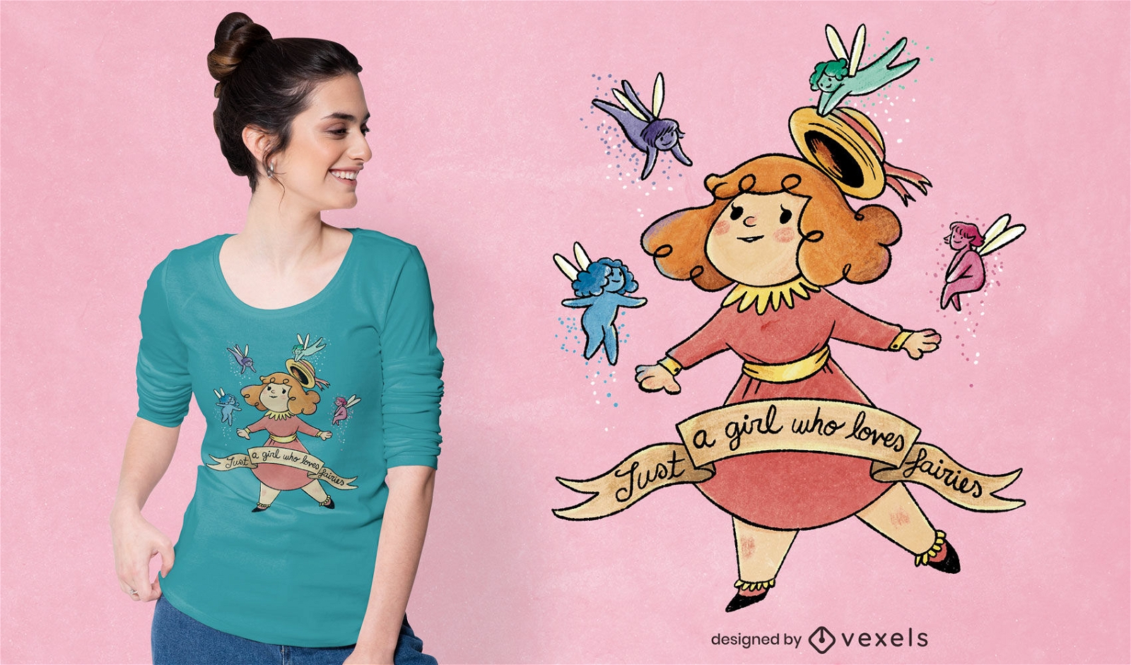 Girl and fairies fantasy doodle t-shirt psd