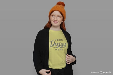 Young girl orange hat t-shirt mockup