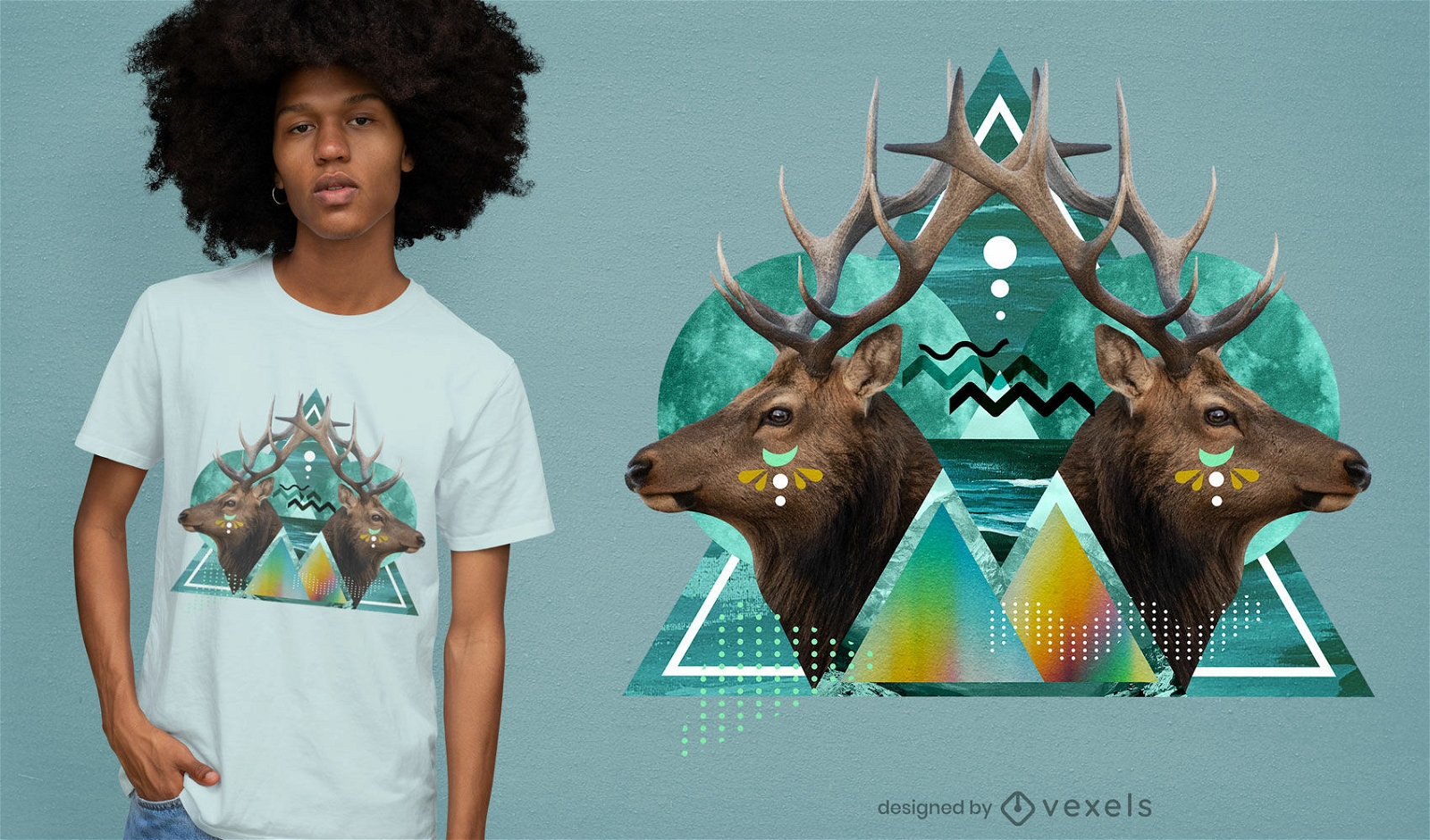 Diseño de camiseta psd geométrica de ciervos psicodélicos