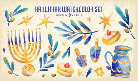 Conjunto de acuarela de elementos judíos de Hanukkah