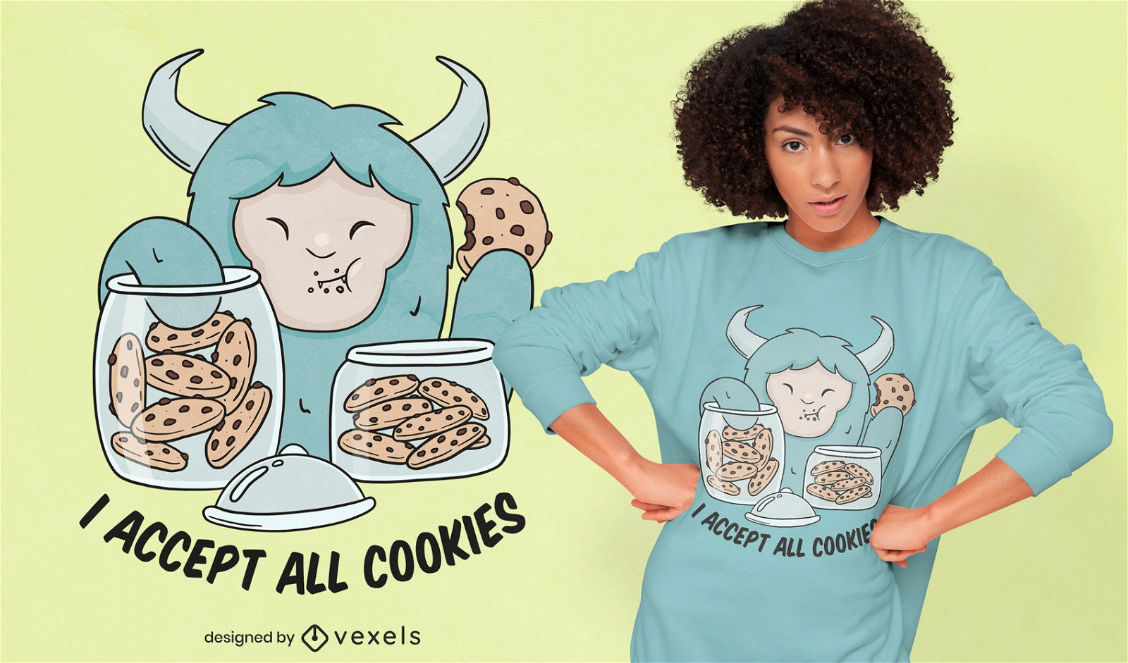 Dise?o de camiseta de monstruo Yeti comiendo galletas.