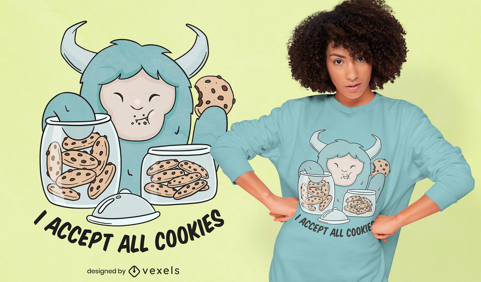 Diseño de camiseta de monstruo Yeti comiendo galletas.