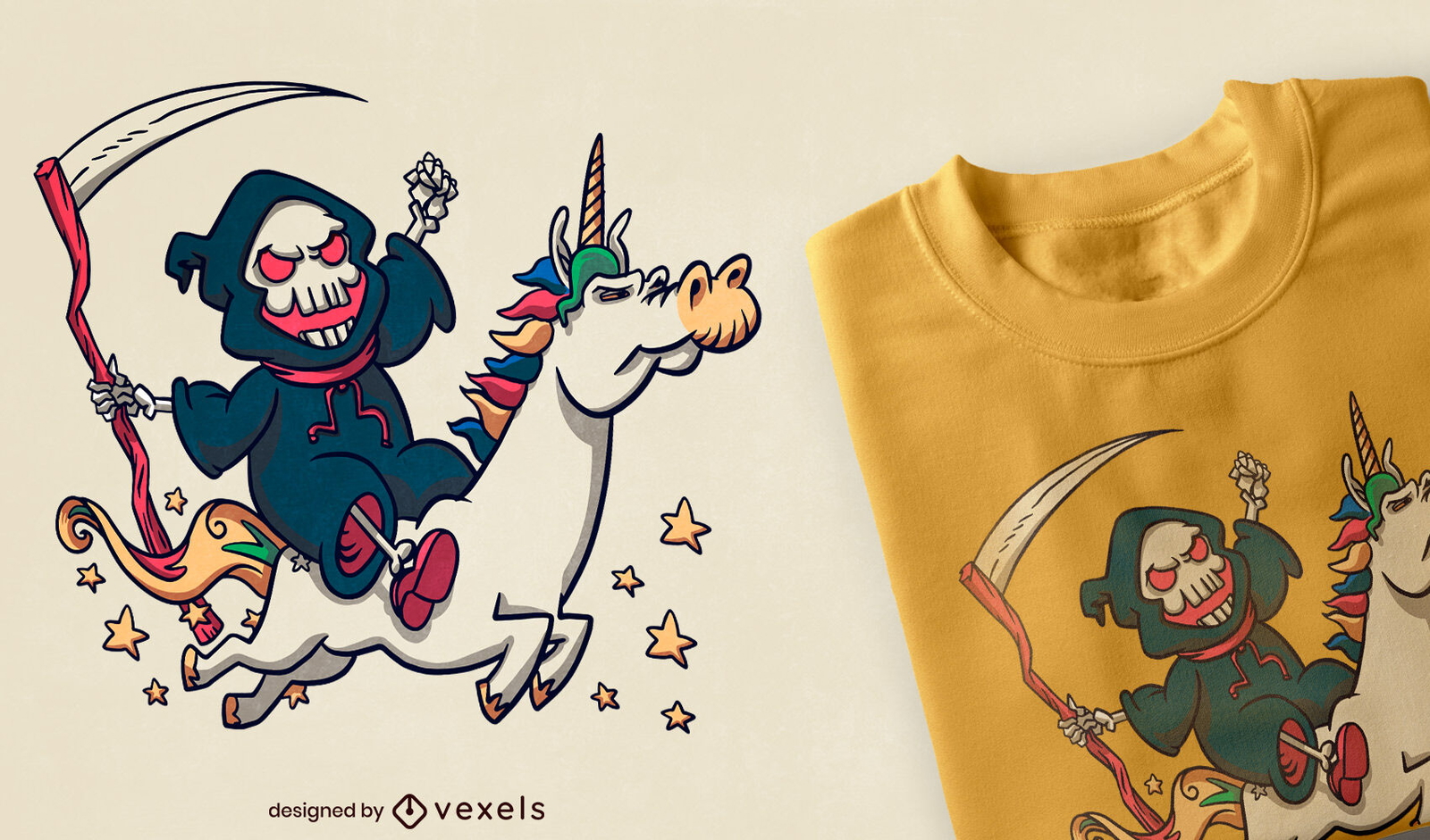 Muerte en dibujos animados de diseño de camiseta de unicornio