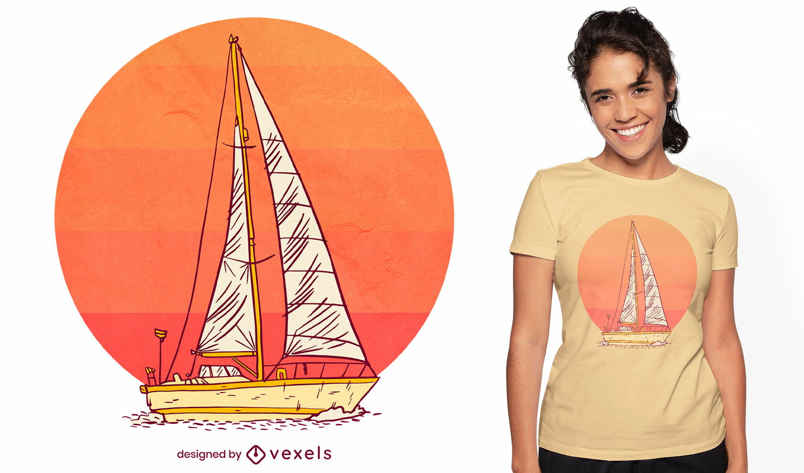 Velero en diseño de camiseta al atardecer.