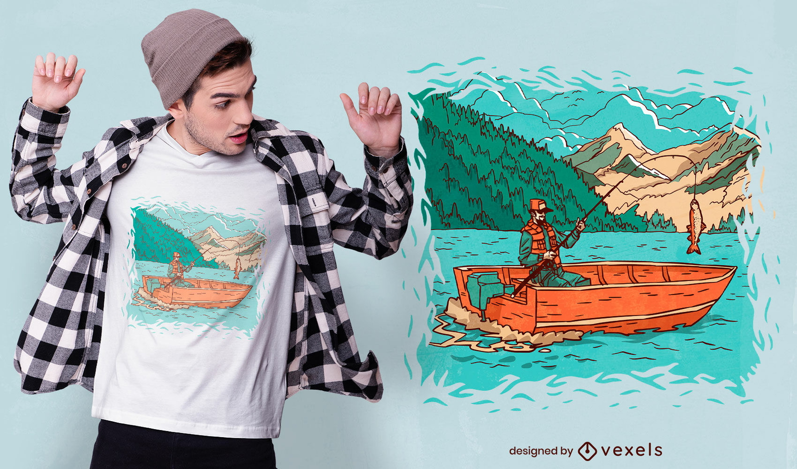 Pescador en diseño de camiseta de ilustración de barco