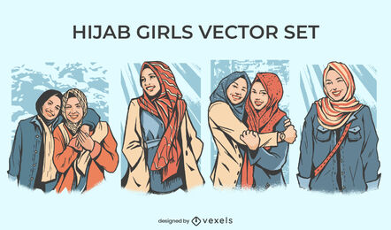 Set of hijab girls illustration