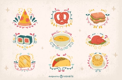 Verzierte Illustrationen von Speisen und Essenselementen