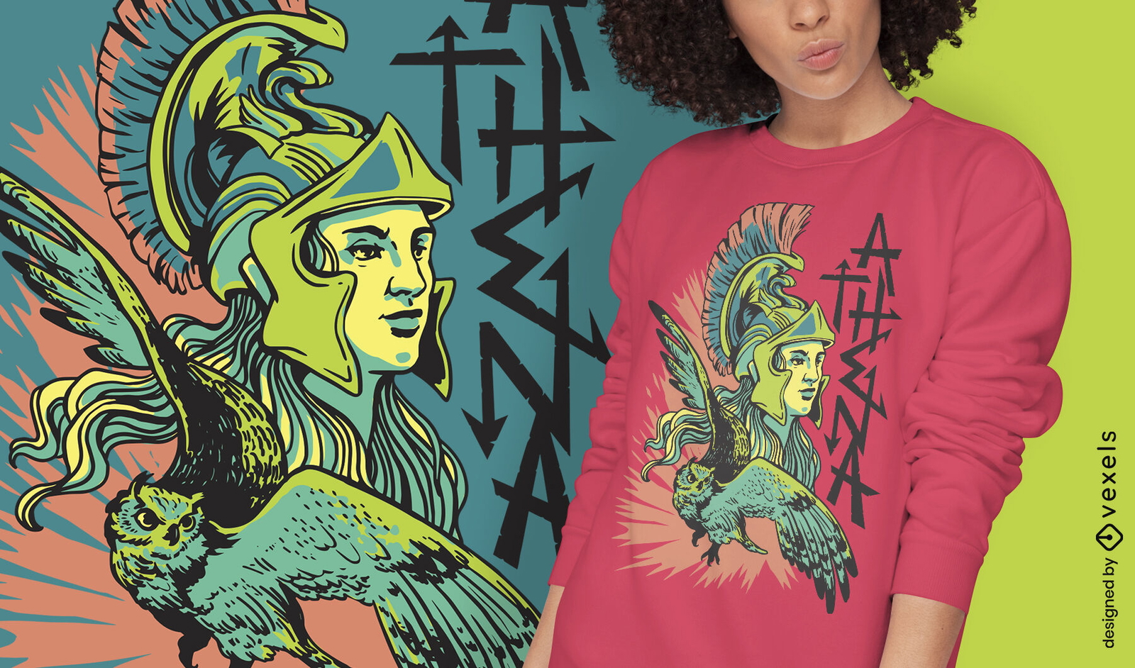 Diseño de camiseta de Grecia mítica de la diosa Atenea.