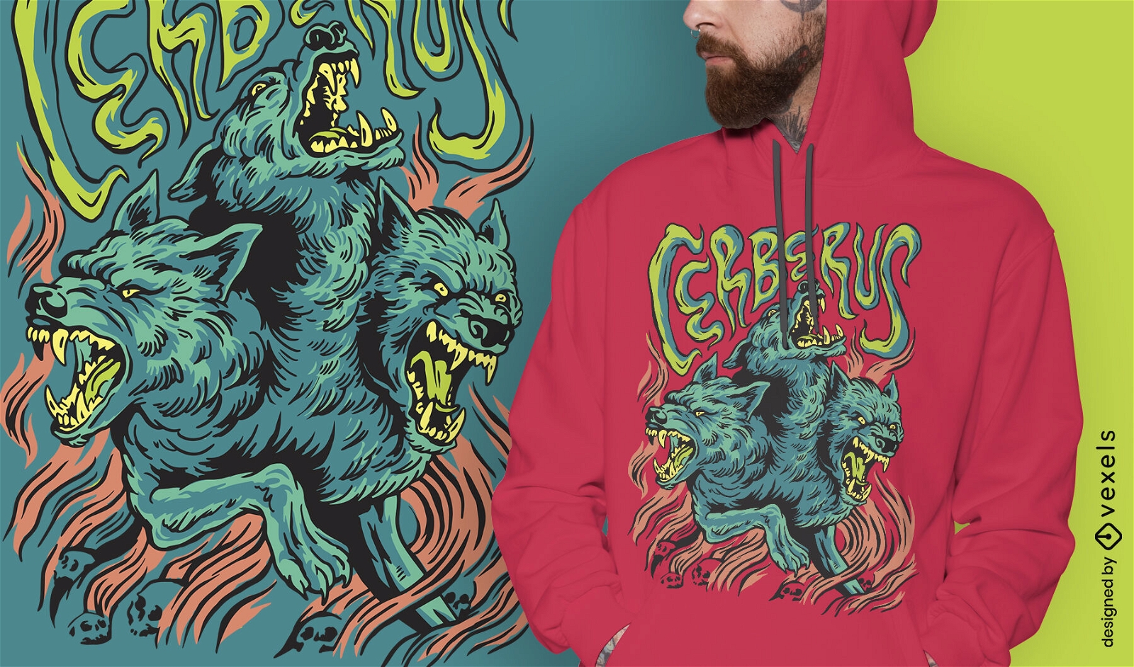 Design de camiseta mítica da Grécia com o monstro Cerberus