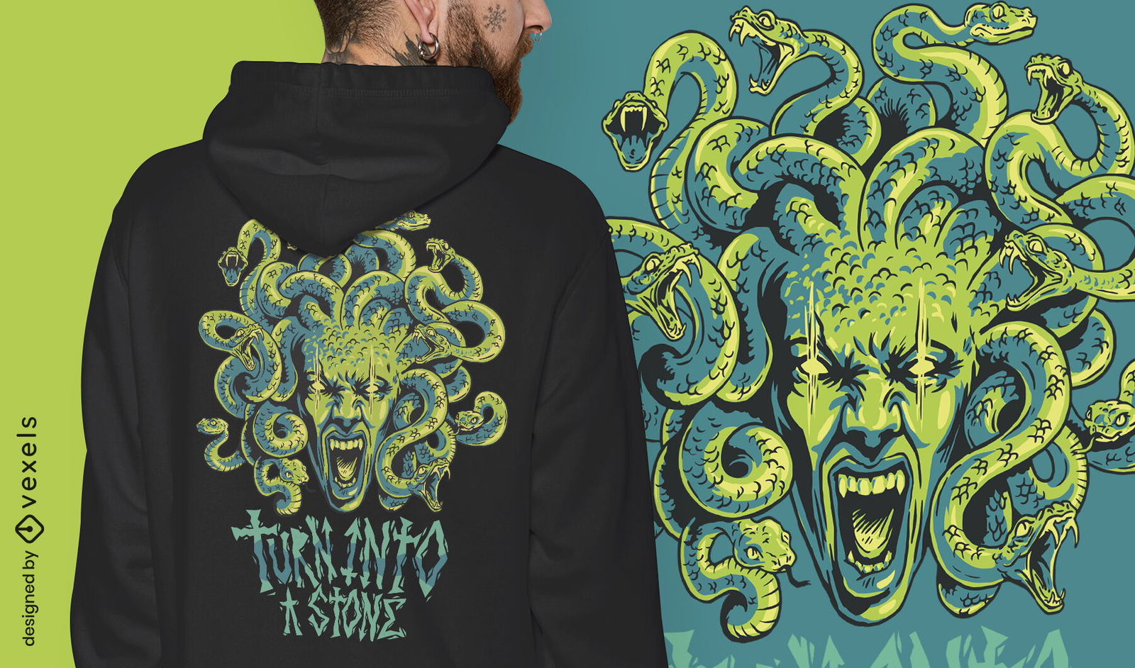 Design de camiseta mítica da Grécia com o monstro Medusa