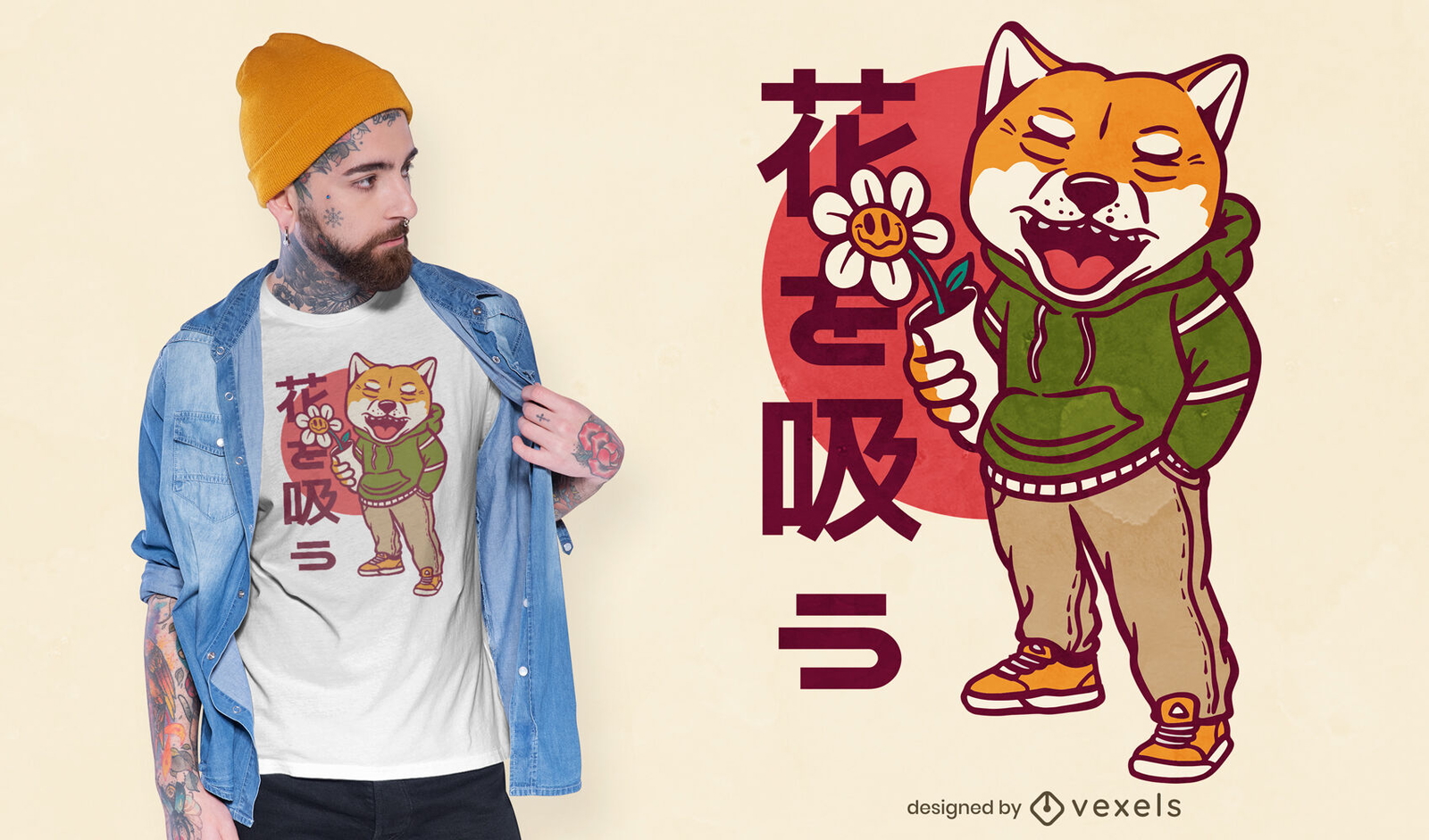 Diseño de camiseta de personaje de perro shiba inu.