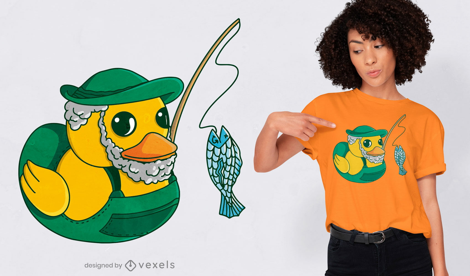 Diseño de camiseta de dibujos animados de pato de goma de pesca