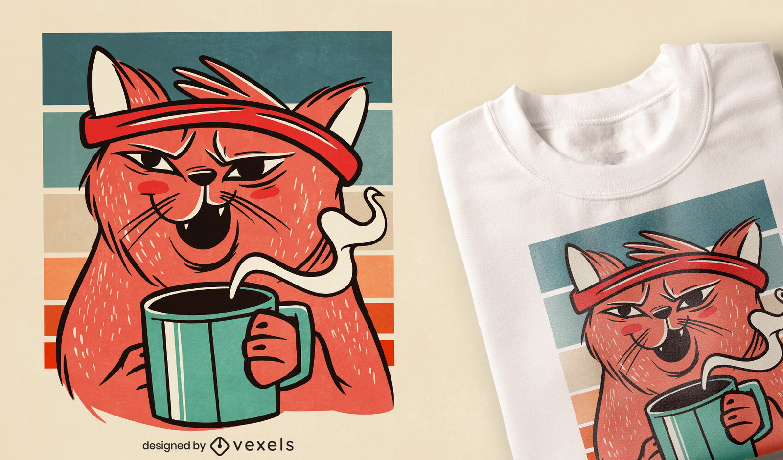 Design de camiseta de gato bebendo café