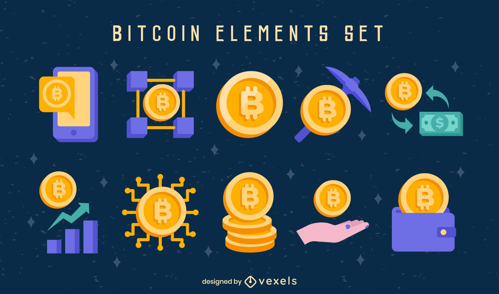 Conjunto semi plano de iconos de Bitcoin