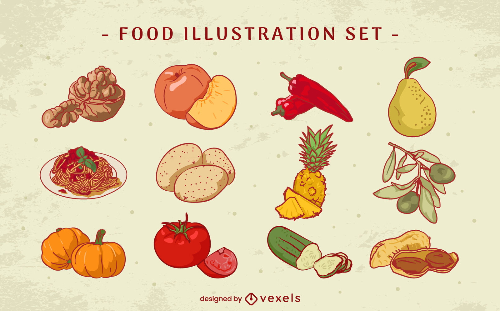 Conjunto de ilustração de elementos e ingredientes de alimentos