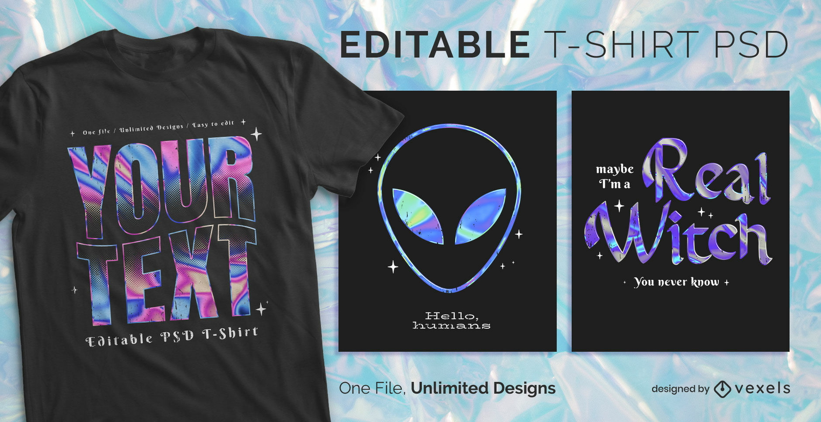 Holographic text scalable psd t-shirt design 